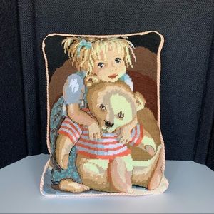 Vintage Needlepoint Child Girl Bear  Nursery 17x12  Pillow. Beautiful Images.